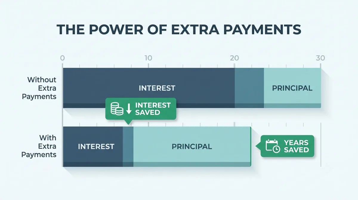 Comparison of a loan with and without extra payments showing interest and years saved