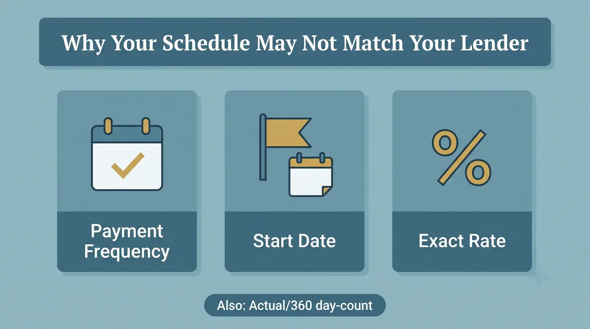 Three reasons an amortization schedule may not match your lender: frequency, start date, and rate