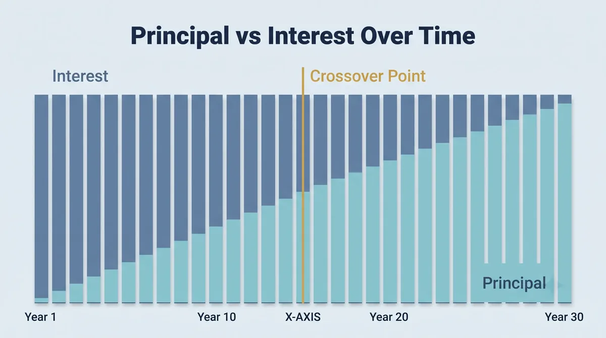 Amortization chart showing interest high early and principal rising later with the crossover point