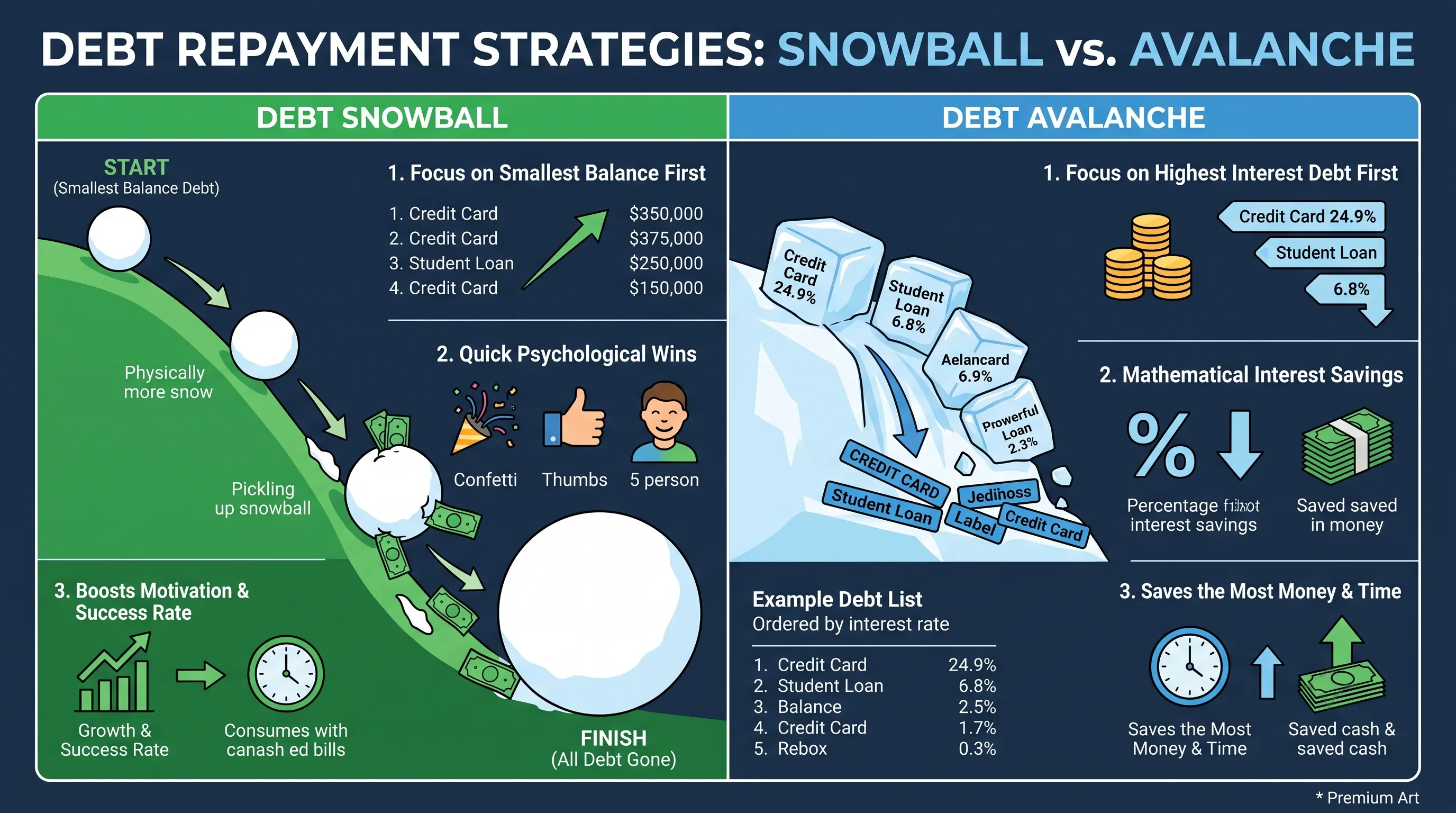 Comparison chart of Debt Snowball versus Debt Avalanche methods.