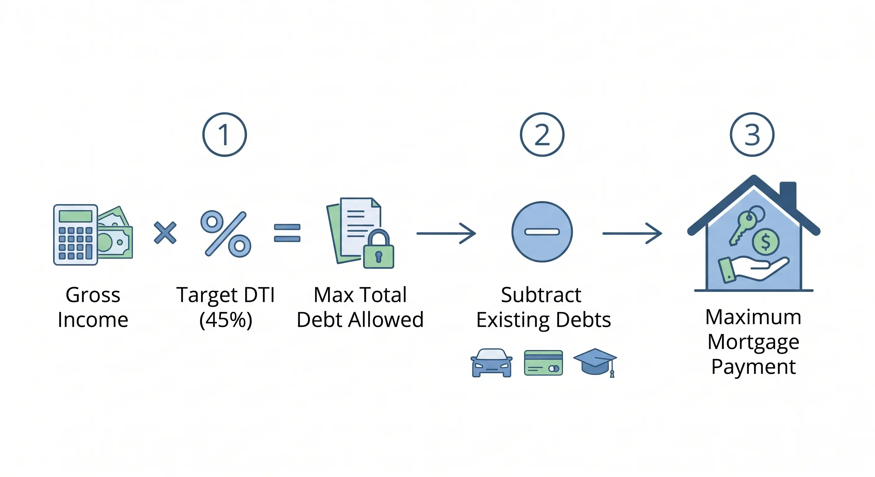 Infographic illustrating front-end and back-end debt-to-income ratio calculations and formulas
