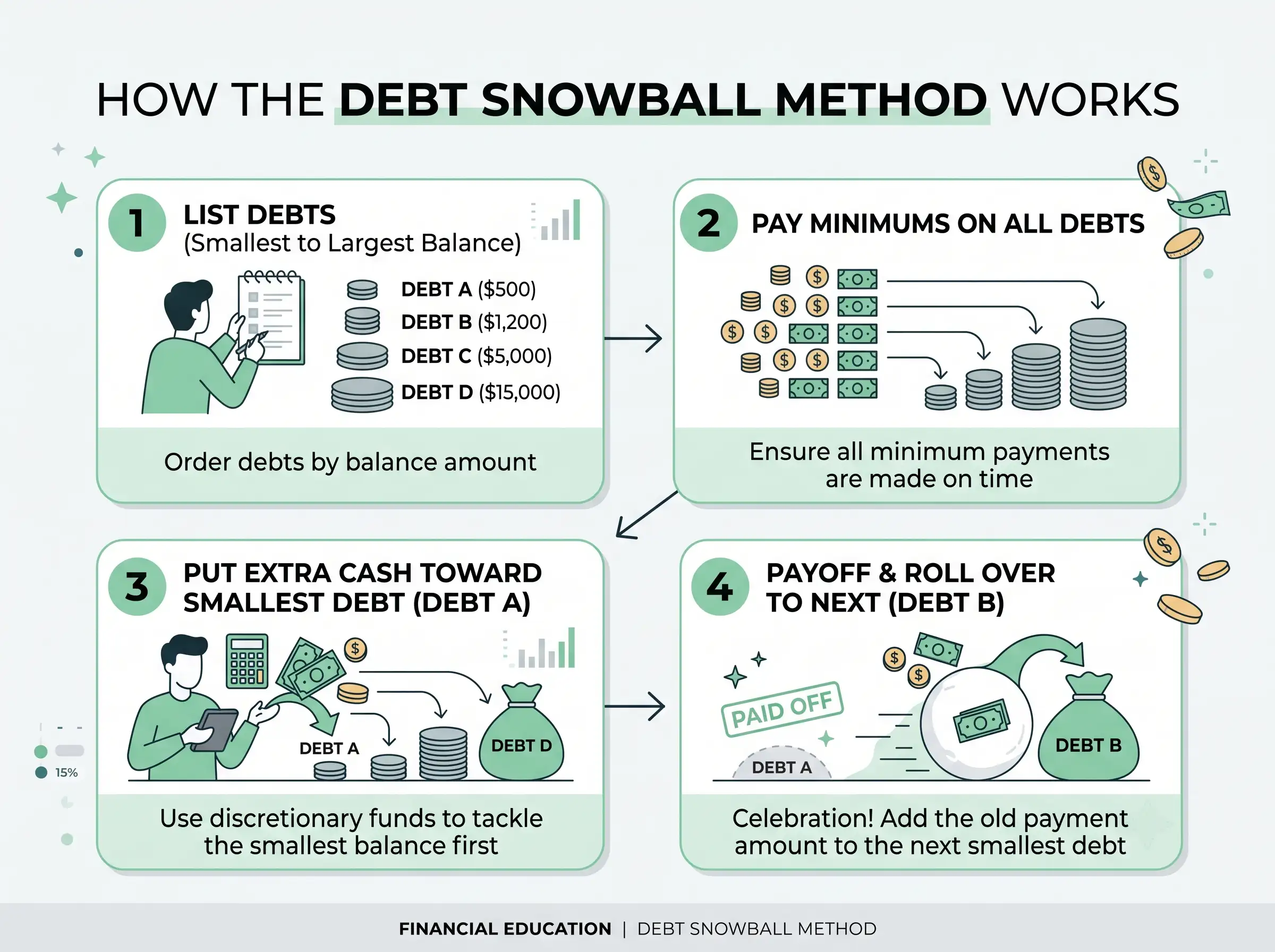 Step-by-step flowchart of how the Debt Snowball method works.