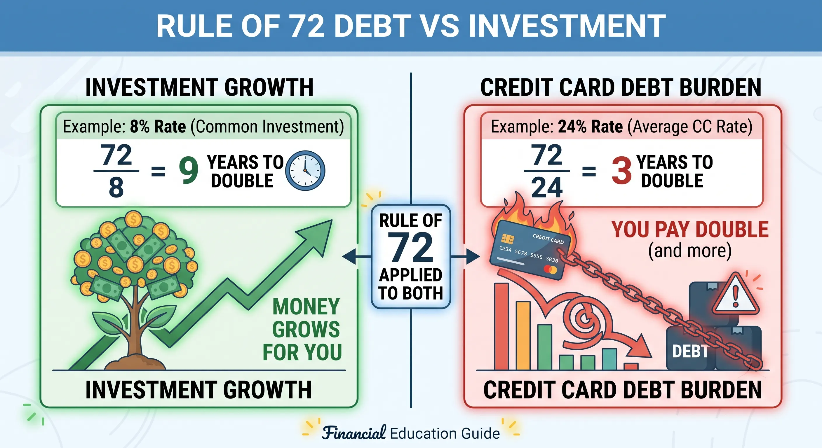 Rule of 72 applied to investment growth versus doubling credit card debt.