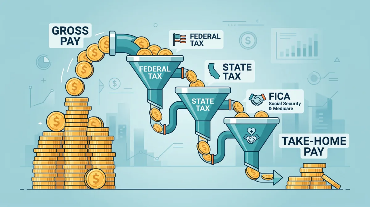 Take-home pay calculator showing gross pay minus taxes equals net pay
